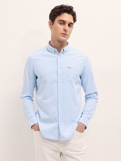 Light Blue Vertical Pin Stripes Slim Fit Casual Shirt