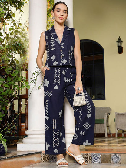 Printed Collar Neck Top With Trousers Co-Ords