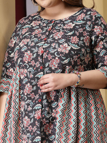 Plus Size Women's Floral Printed Cotton Peplum Top (TOPBLACKCROWPLUS)