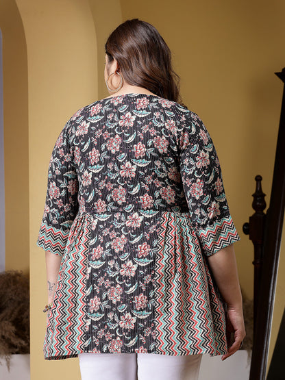 Plus Size Women's Floral Printed Cotton Peplum Top (TOPBLACKCROWPLUS)
