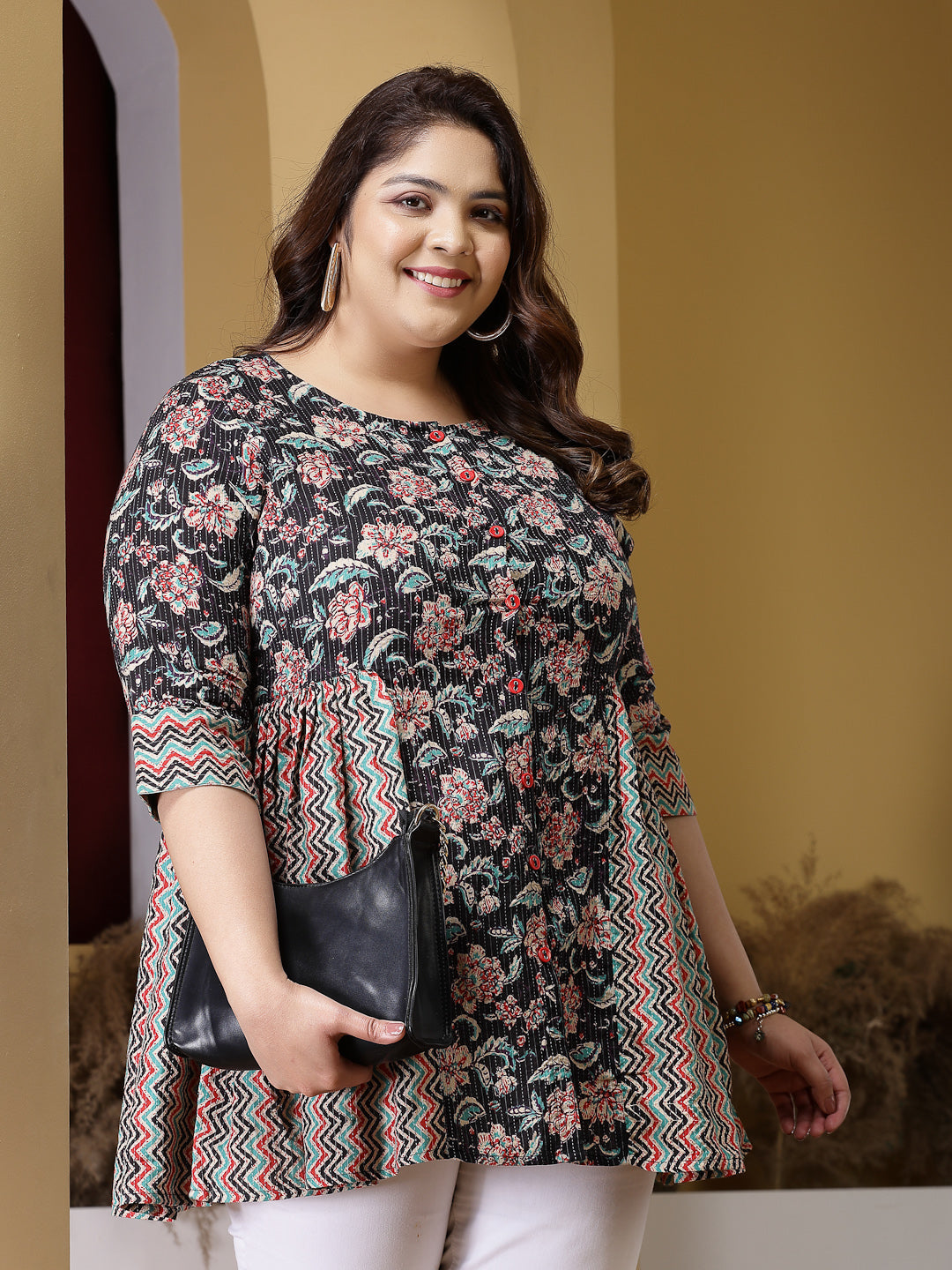 Plus Size Women's Floral Printed Cotton Peplum Top (TOPBLACKCROWPLUS)