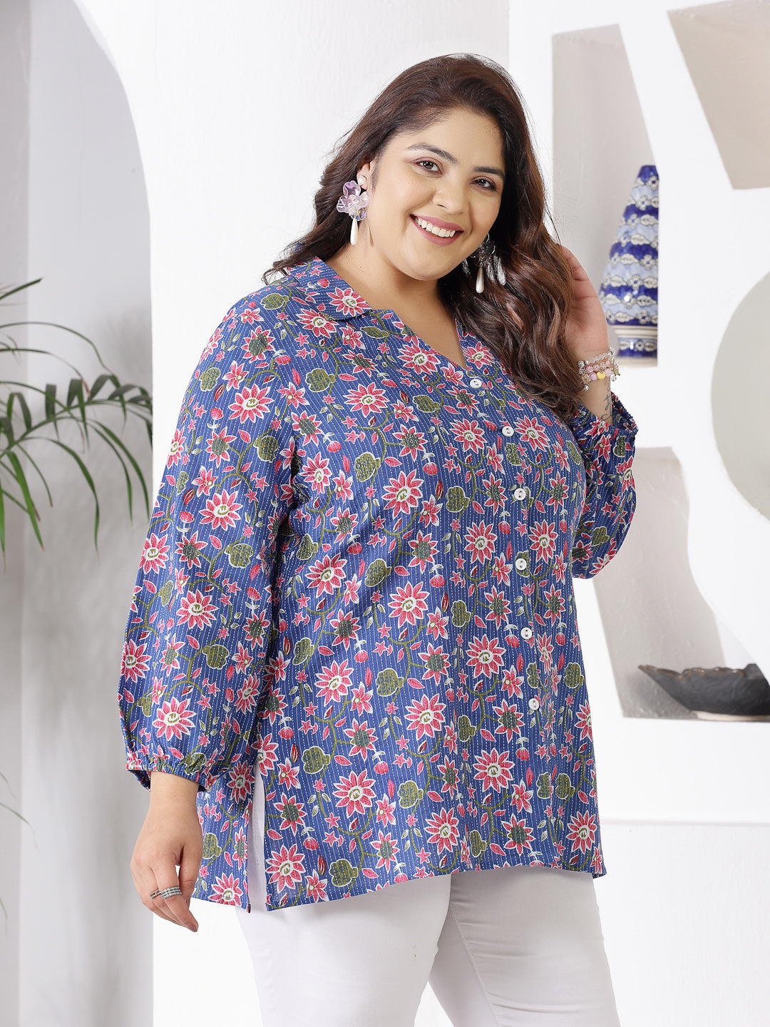Plus Size Women's Floral Printed Cotton Shirt Style Top (TOPBLUEMIKIPLUS)