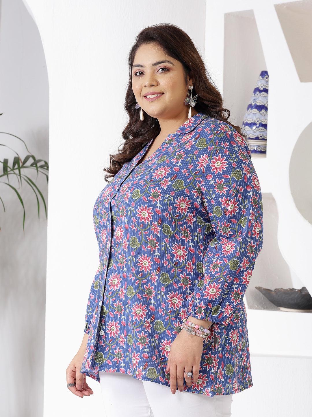 Plus Size Women's Floral Printed Cotton Shirt Style Top (TOPBLUEMIKIPLUS)