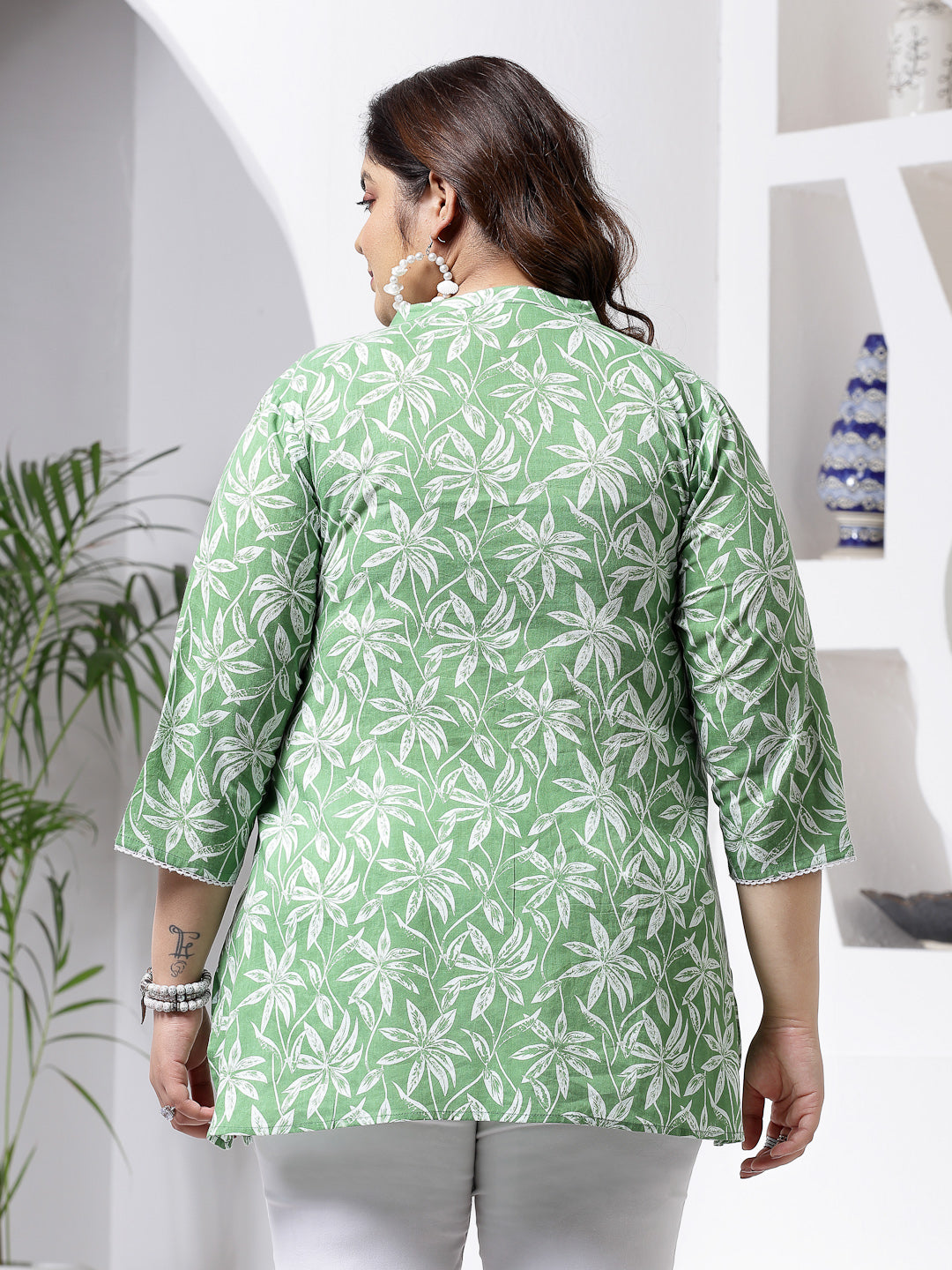 Plus Size Women's Tropical Printed Cotton Empire Top (TOPGREENZILLPLUS)