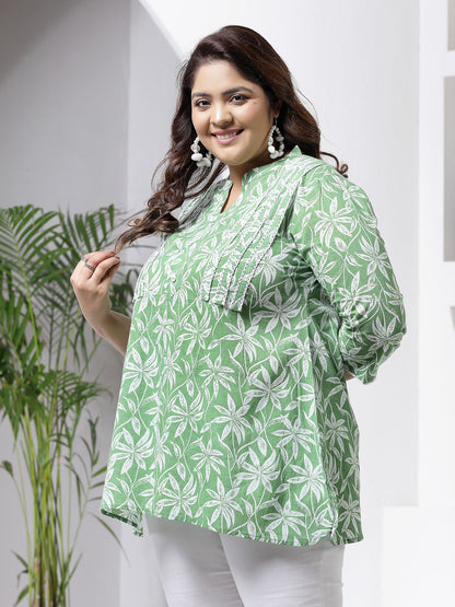 Plus Size Women's Tropical Printed Cotton Empire Top (TOPGREENZILLPLUS)