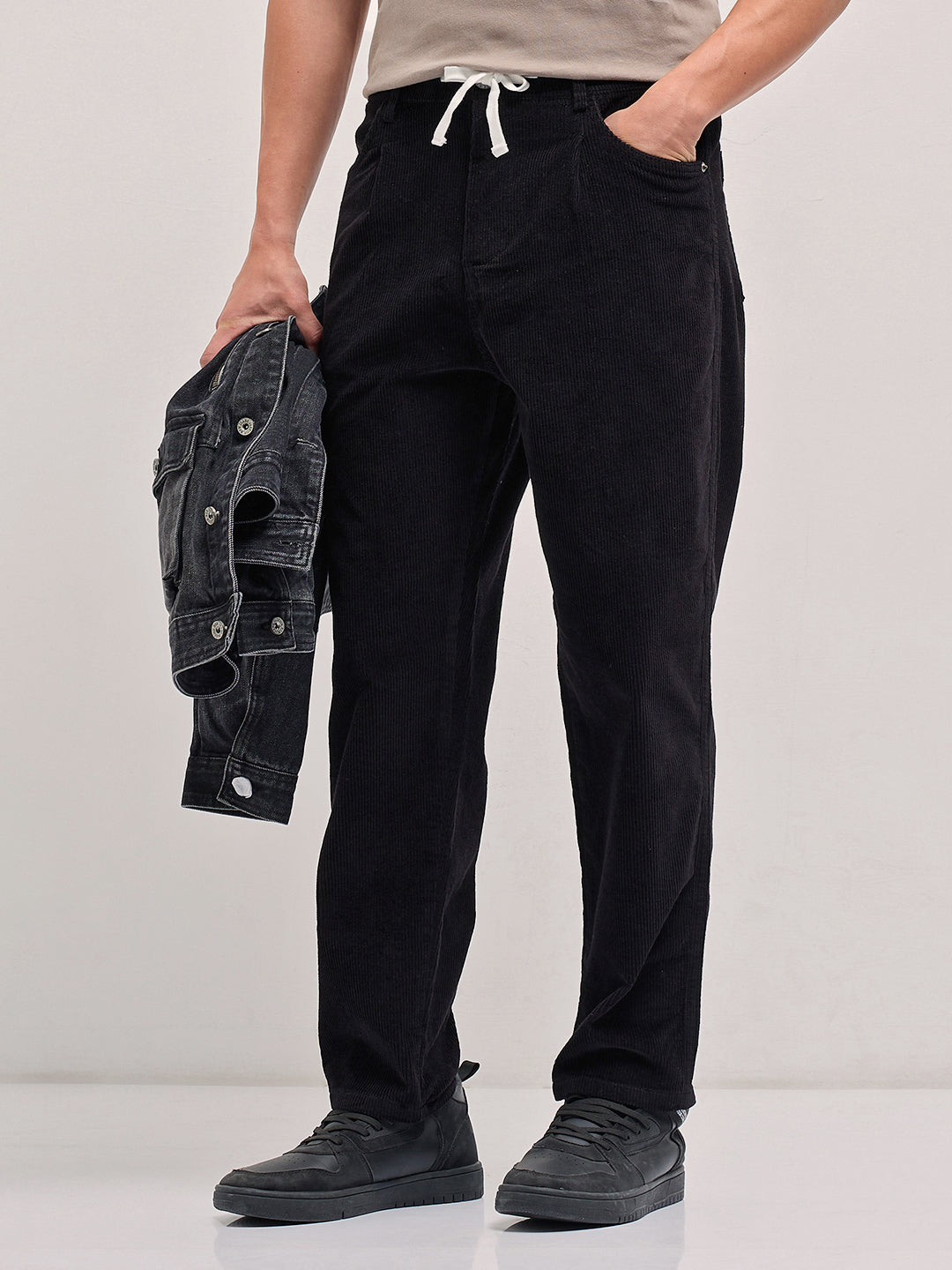 Black Solid Baggy Fit Corduroy Cotton Pant