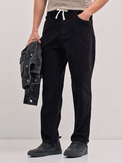 Black Solid Baggy Fit Corduroy Cotton Pant