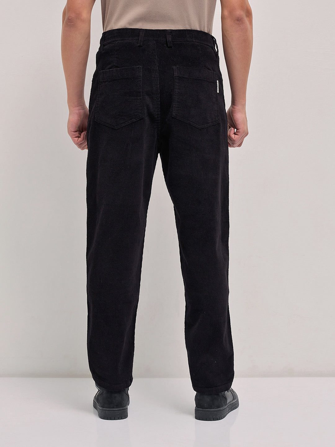 Black Solid Baggy Fit Corduroy Cotton Pant