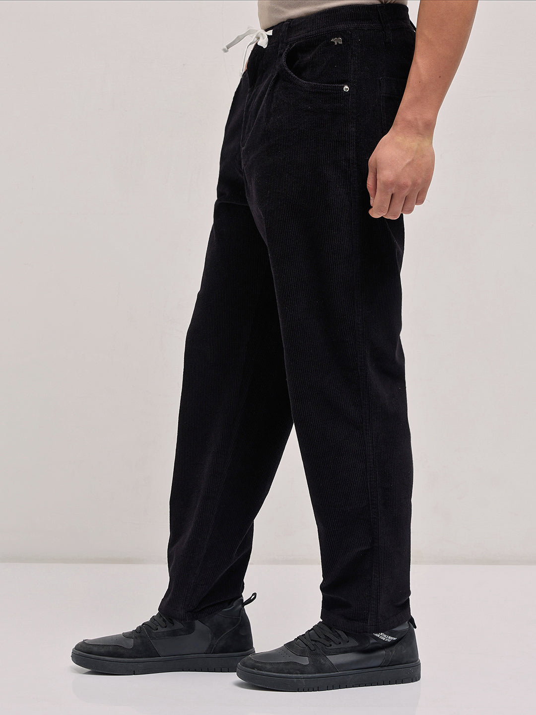 Black Solid Baggy Fit Corduroy Cotton Pant
