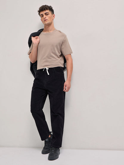 Black Solid Baggy Fit Corduroy Cotton Pant
