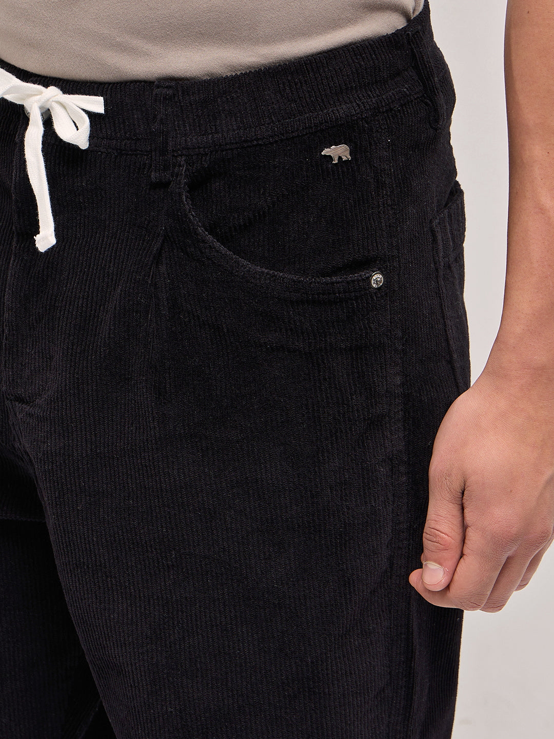 Black Solid Baggy Fit Corduroy Cotton Pant