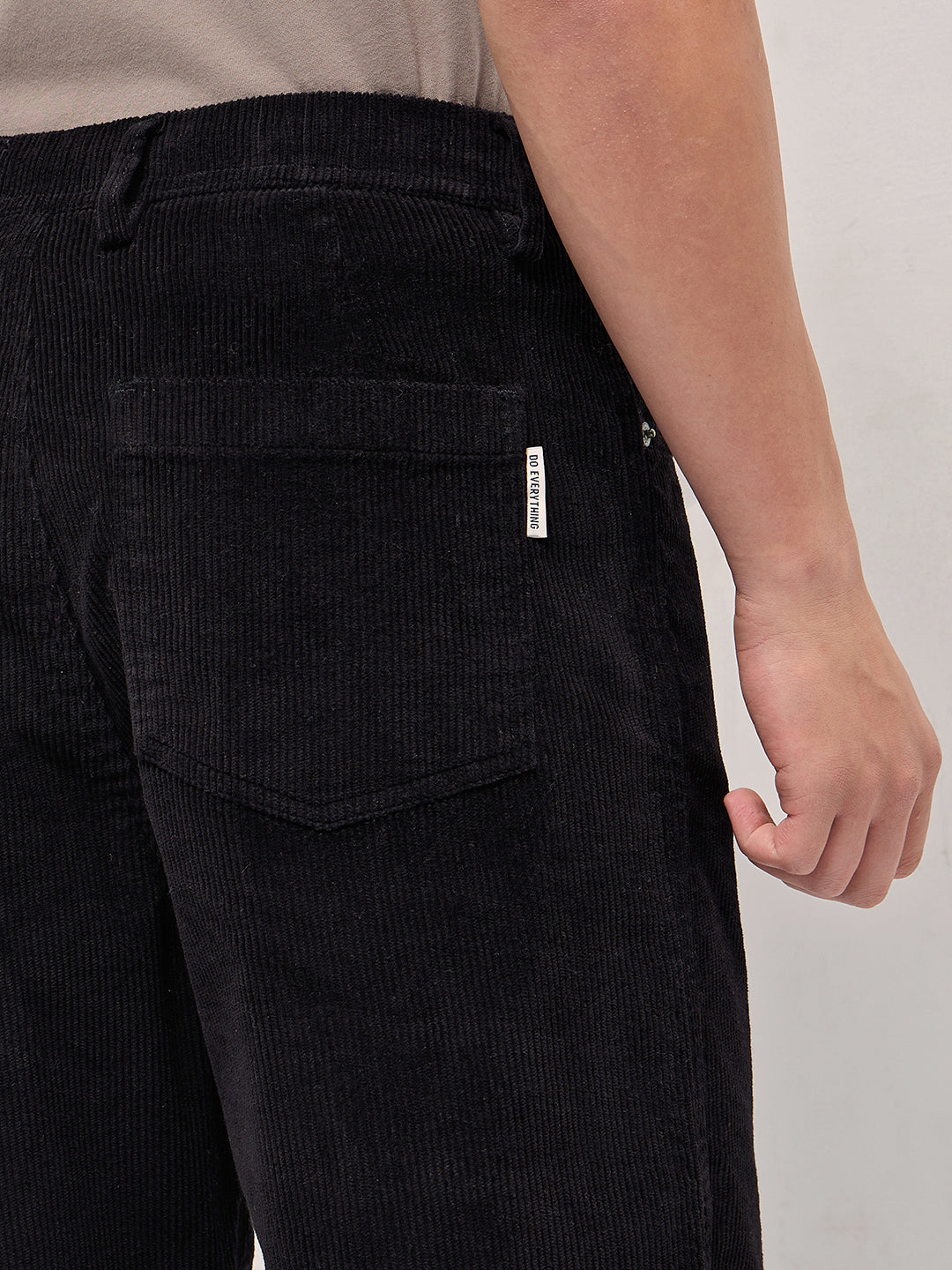Black Solid Baggy Fit Corduroy Cotton Pant