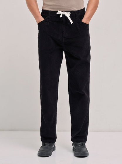 Black Solid Baggy Fit Corduroy Cotton Pant