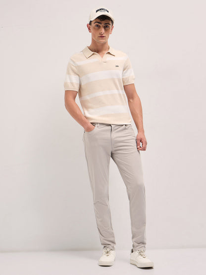Cream Solid Slim Fit Casual Chino Trouser