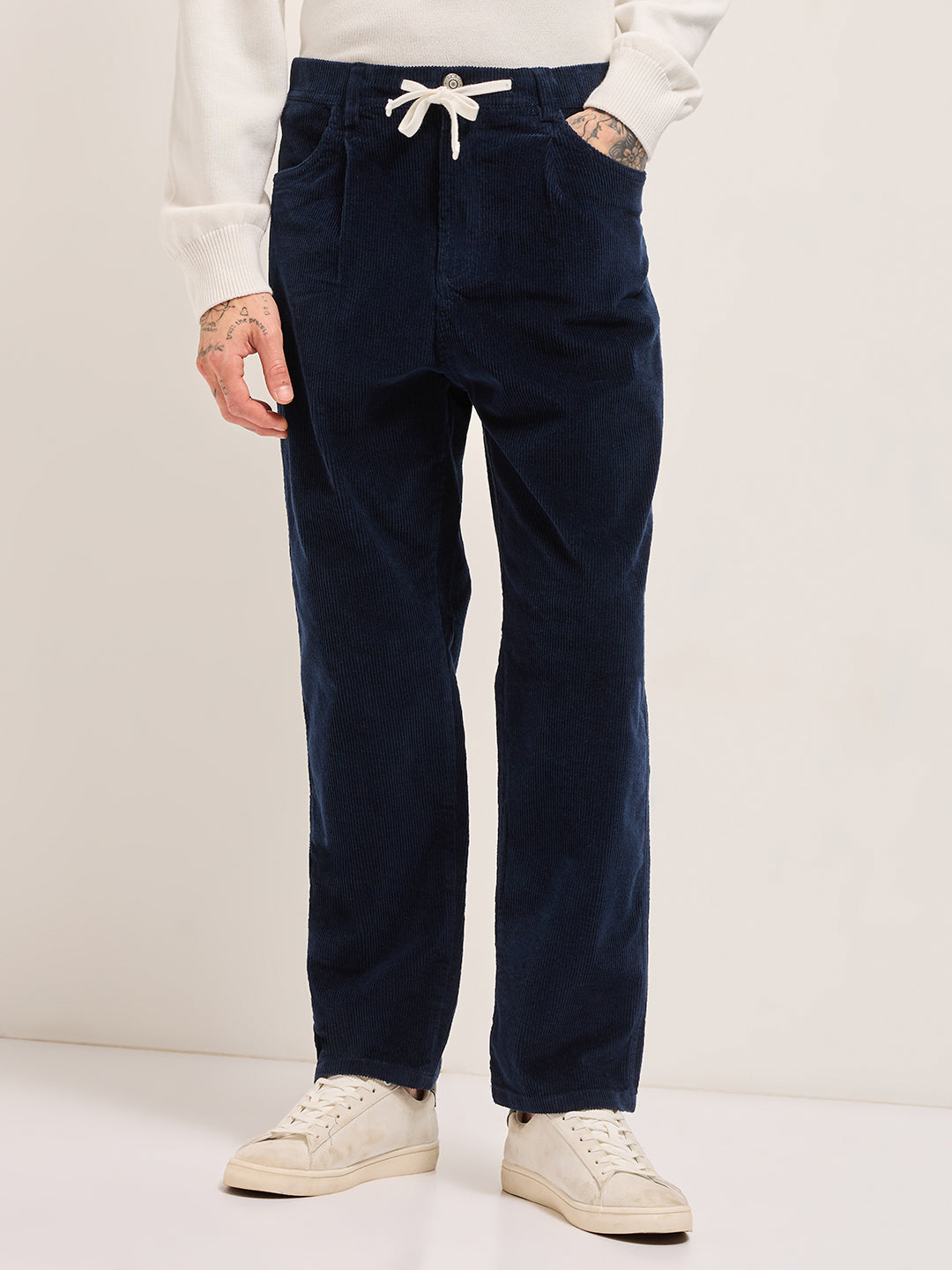 Navy Blue Solid Baggy Fit Corduroy Cotton Pant