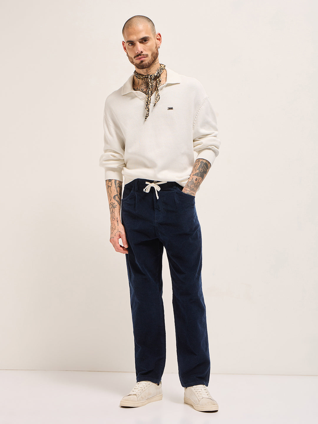 Navy Blue Solid Baggy Fit Corduroy Cotton Pant