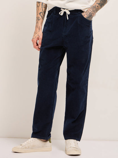 Navy Blue Solid Baggy Fit Corduroy Cotton Pant