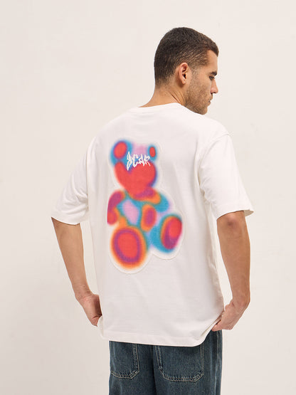 White Oversize Vibrant Abstract Bear Graphic Print Crew Neck T-shirt