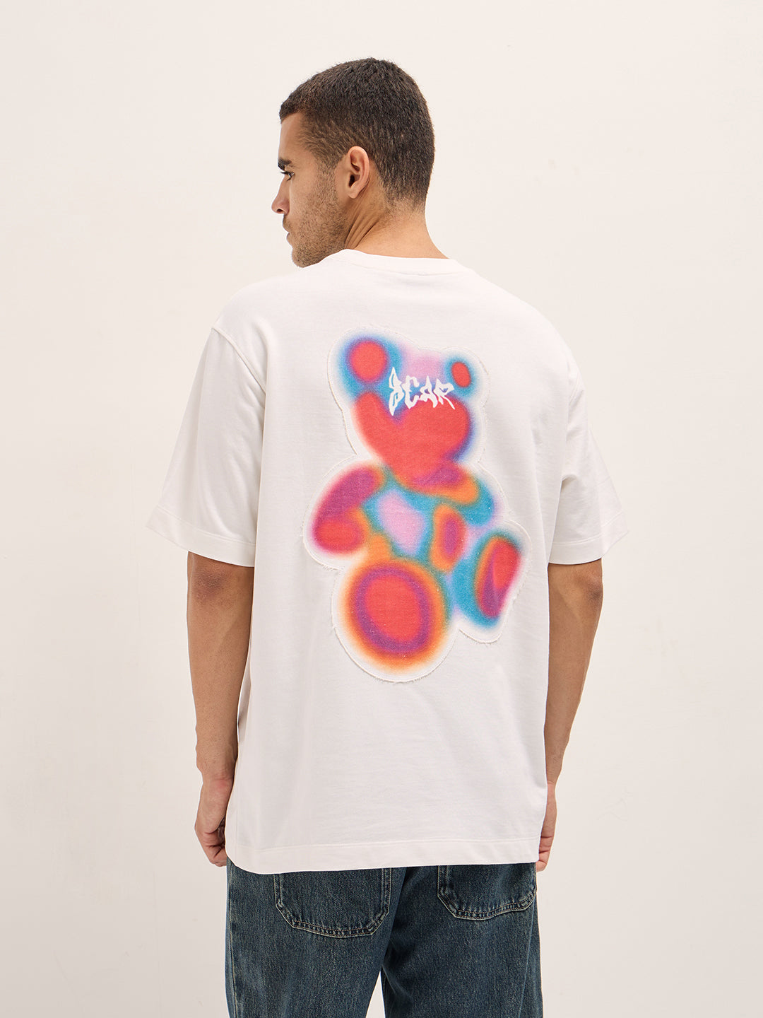 White Oversize Vibrant Abstract Bear Graphic Print Crew Neck T-shirt