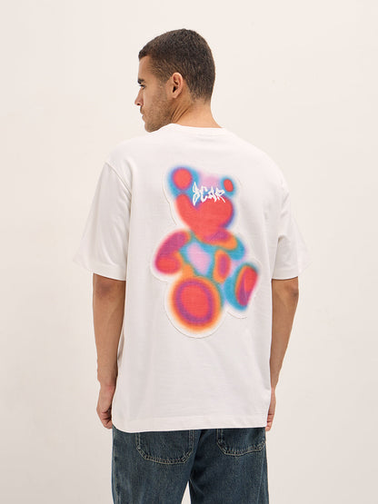 White Oversize Vibrant Abstract Bear Graphic Print Crew Neck T-shirt