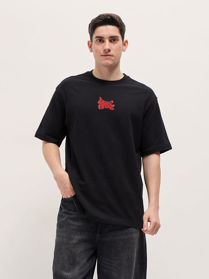Black Graphic T-Shirt with Bold Red Abstract Design