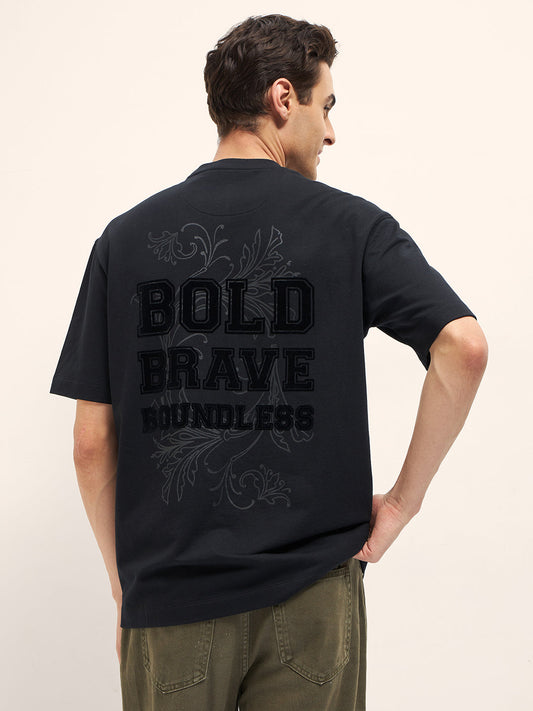 Black Oversize T-Shirt with Chenille Patch & Velvet Graphic Back Print