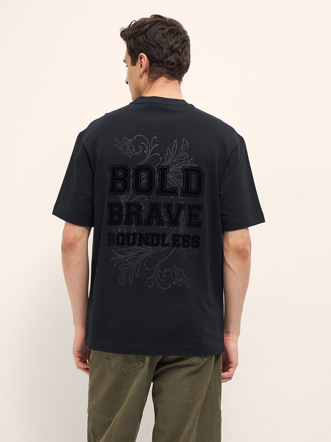 Black Oversize T-Shirt with Chenille Patch & Velvet Graphic Back Print