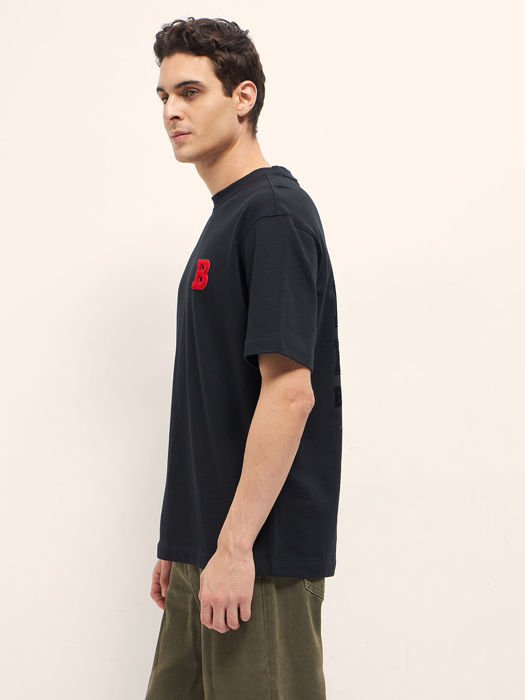 Black Oversize T-Shirt with Chenille Patch & Velvet Graphic Back Print