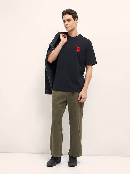 Black Oversize T-Shirt with Chenille Patch & Velvet Graphic Back Print