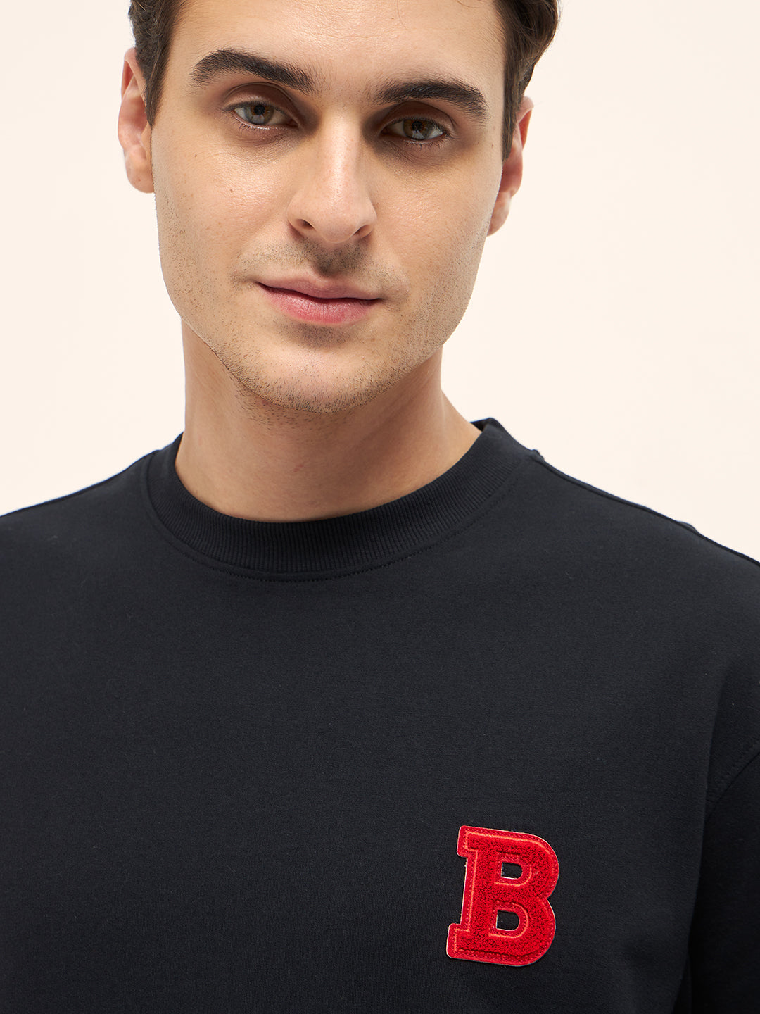 Black Oversize T-Shirt with Chenille Patch & Velvet Graphic Back Print