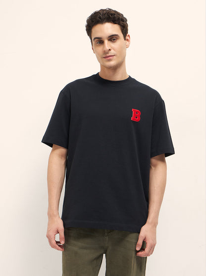 Black Oversize T-Shirt with Chenille Patch & Velvet Graphic Back Print