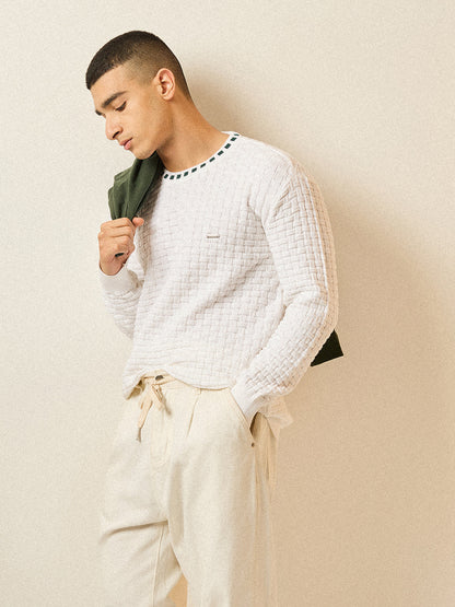White Knitted Textured Regular Fit Ribbed Crew Neck T-shirt