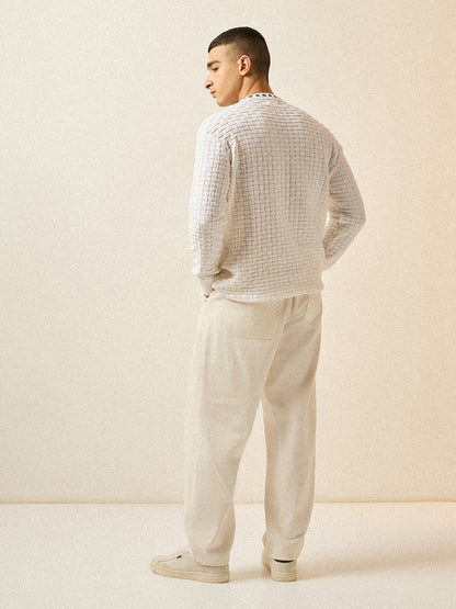 White Knitted Textured Regular Fit Ribbed Crew Neck T-shirt