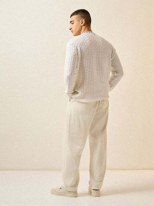 White Knitted Textured Regular Fit Ribbed Crew Neck T-shirt