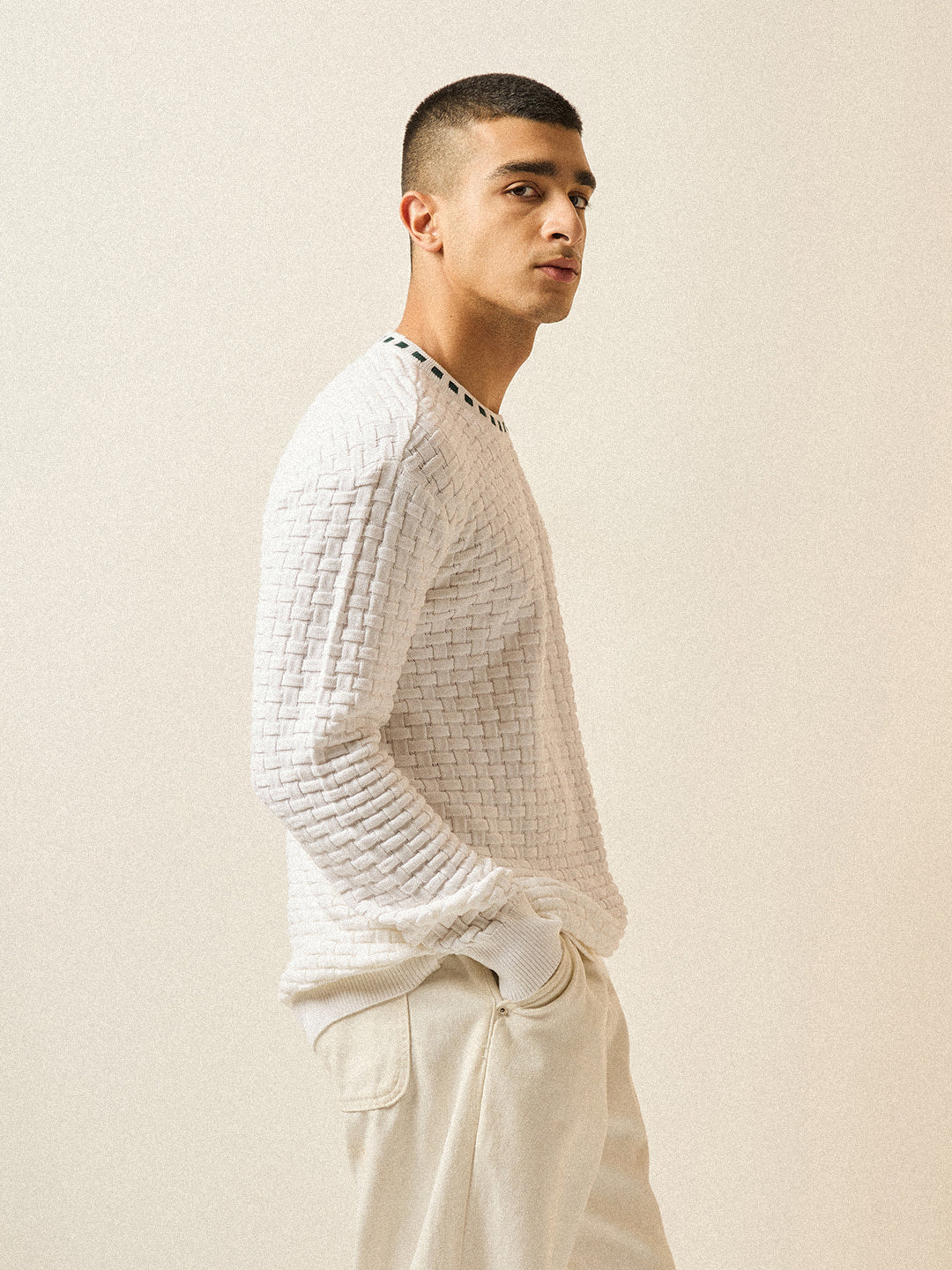 White Knitted Textured Regular Fit Ribbed Crew Neck T-shirt