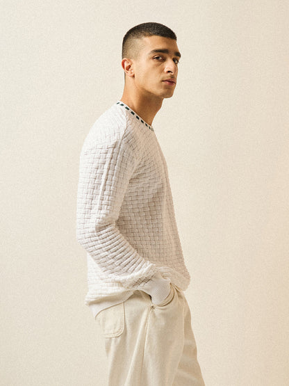 White Knitted Textured Regular Fit Ribbed Crew Neck T-shirt