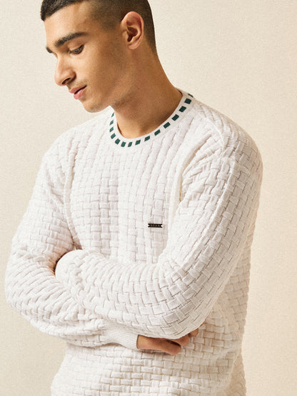 White Knitted Textured Regular Fit Ribbed Crew Neck T-shirt