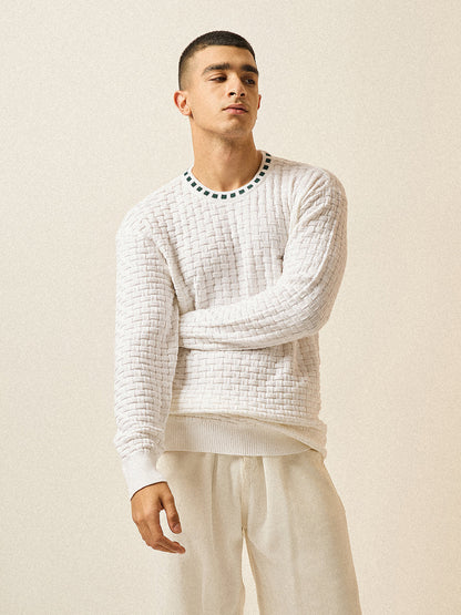White Knitted Textured Regular Fit Ribbed Crew Neck T-shirt