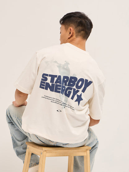 White Oversized Graphic T-Shirt with Chenille Patch and Bold Back Print