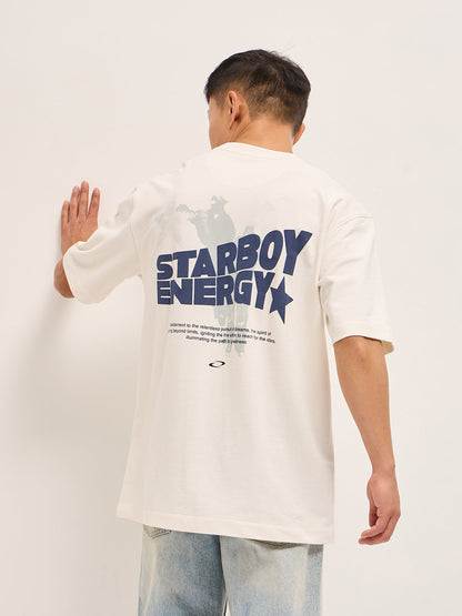 White Oversized Graphic T-Shirt with Chenille Patch and Bold Back Print