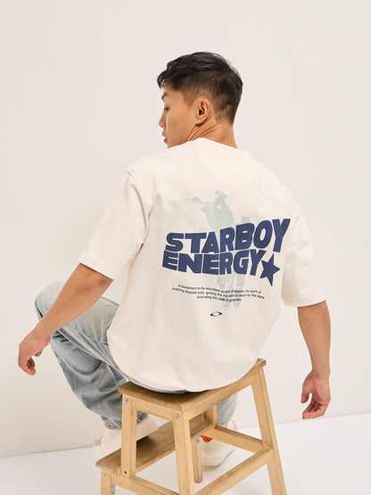 White Oversized Graphic T-Shirt with Chenille Patch and Bold Back Print