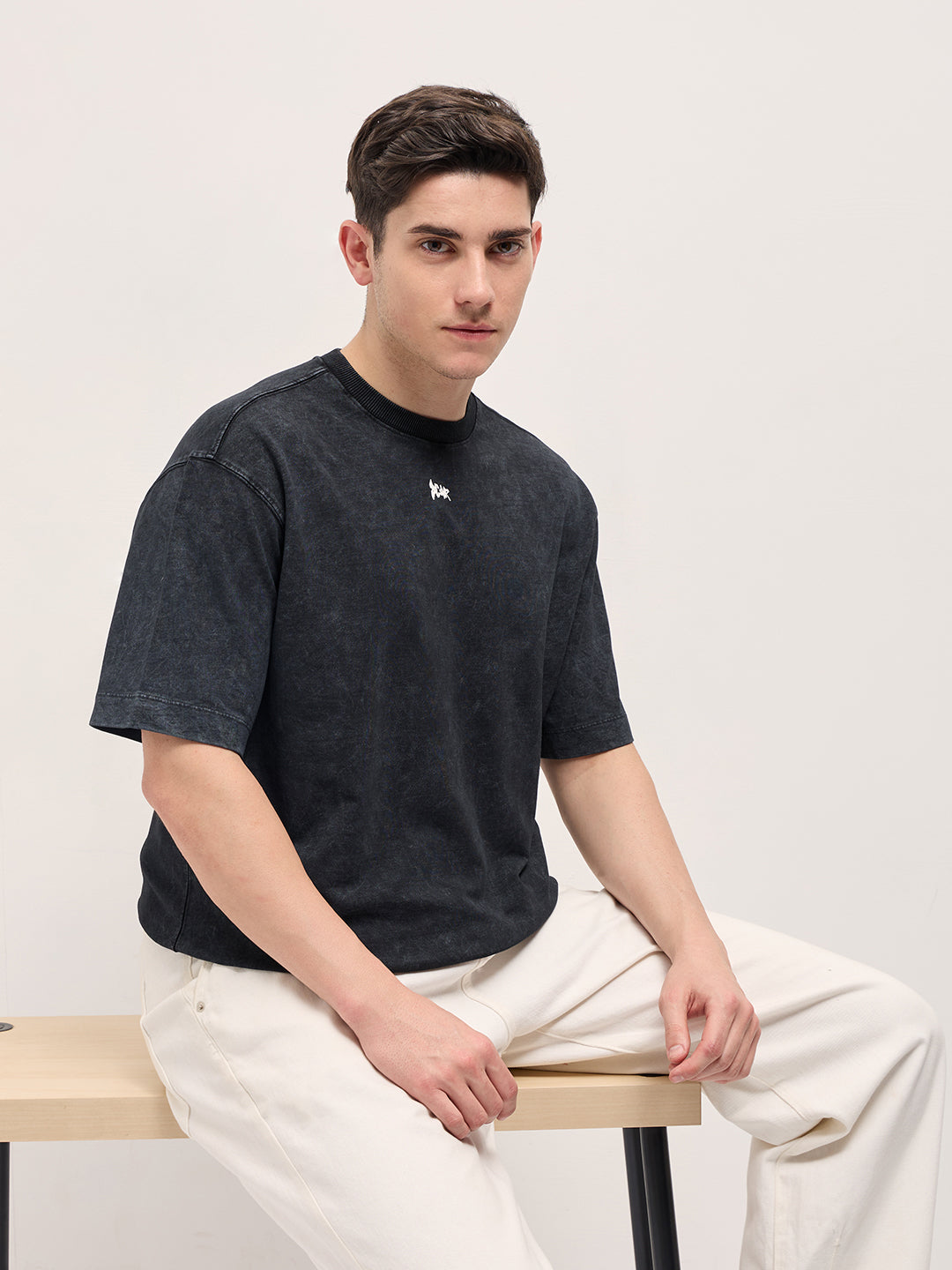 Black Stone-Wash Crew Neck T-shirt with Signature Logo