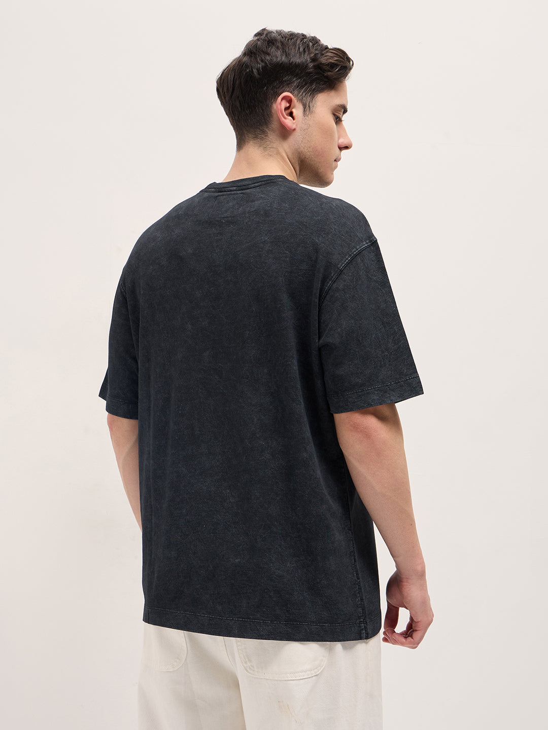 Black Stone-Wash Crew Neck T-shirt with Signature Logo