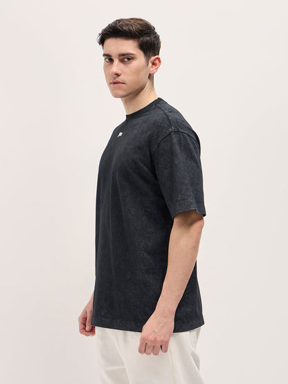 Black Stone-Wash Crew Neck T-shirt with Signature Logo
