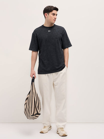 Black Stone-Wash Crew Neck T-shirt with Signature Logo