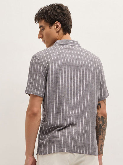 Men Relaxed Fit Vertical Striped Cuban Collar Linen Casual Shirt