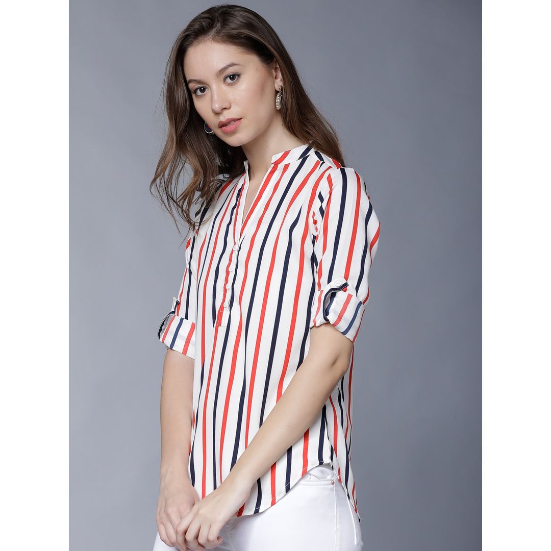 Tokyo Talkies Women's Casual Roll-up Sleeve Striped Top