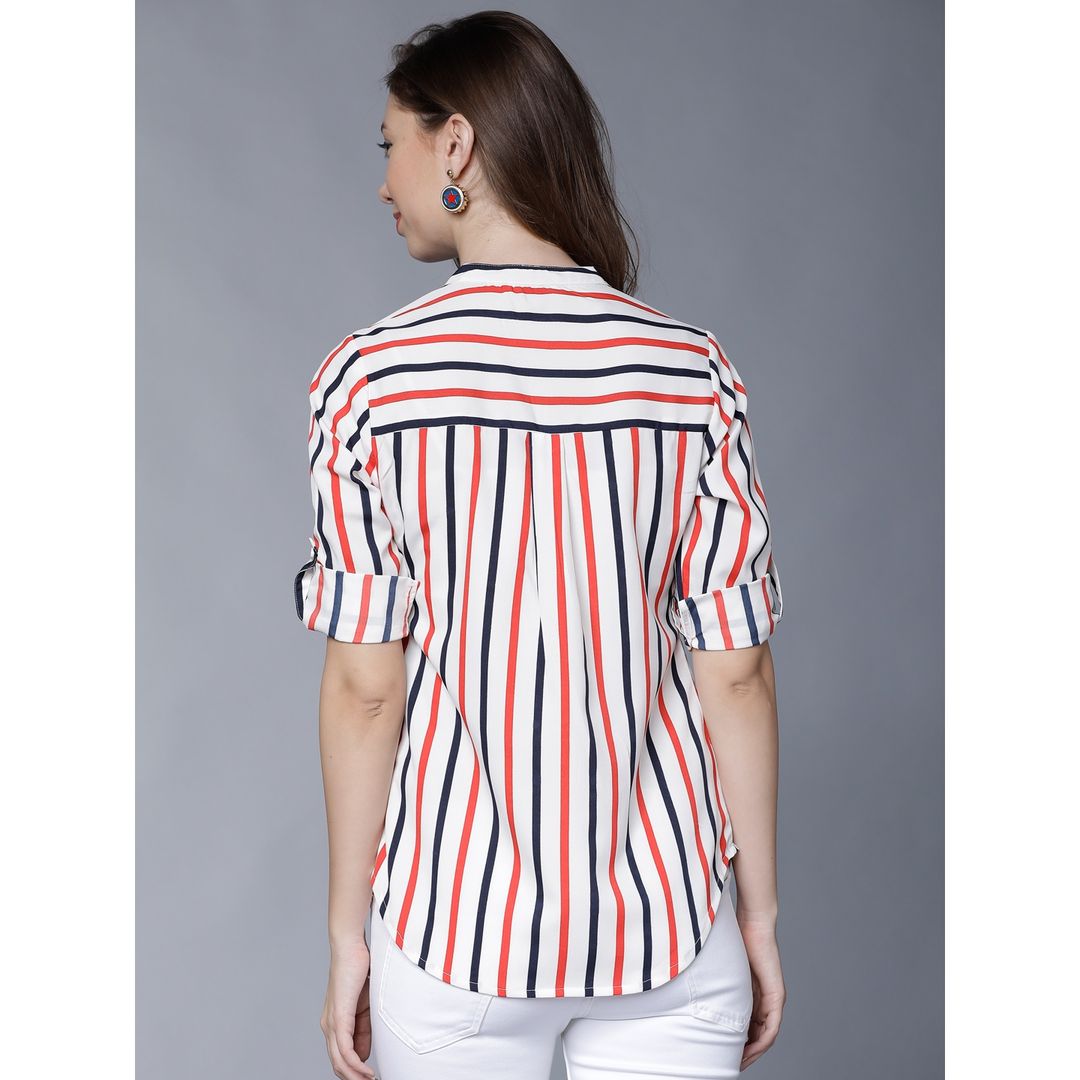 Tokyo Talkies Women's Casual Roll-up Sleeve Striped Top