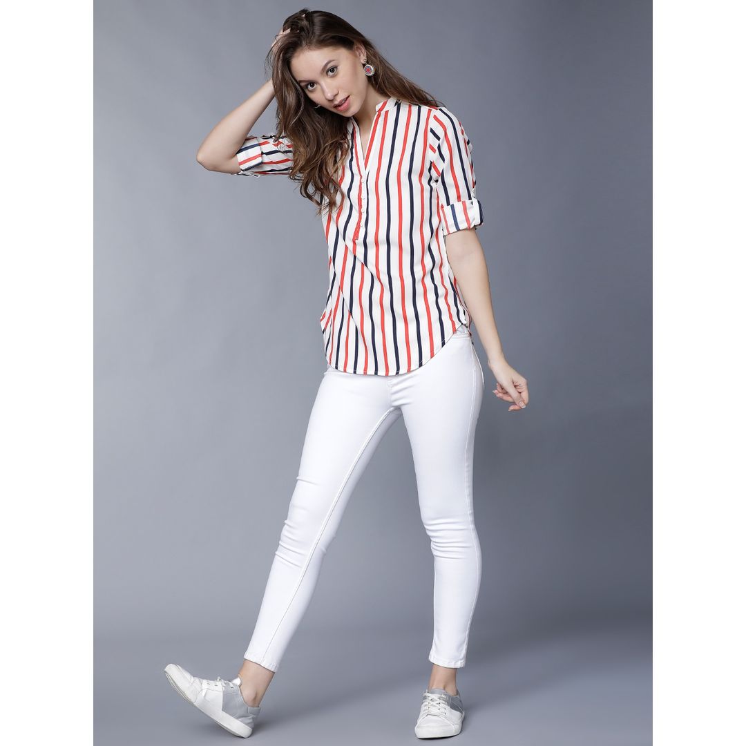 Tokyo Talkies Women's Casual Roll-up Sleeve Striped Top