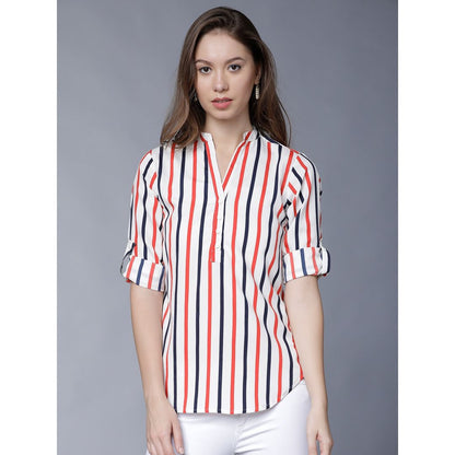 Tokyo Talkies Women's Casual Roll-up Sleeve Striped Top